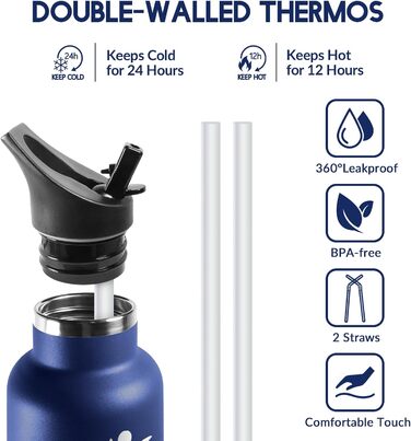 Пляшка для води HoneyHolly 750 мл без BPA з нержавіючої сталі, герметична двостінна ізольована пляшка з трубочкою, нержавіюча сталь 18/8, термос - морський зелений, світло-фіолетовий, темно-синій та чорний - 750 мл