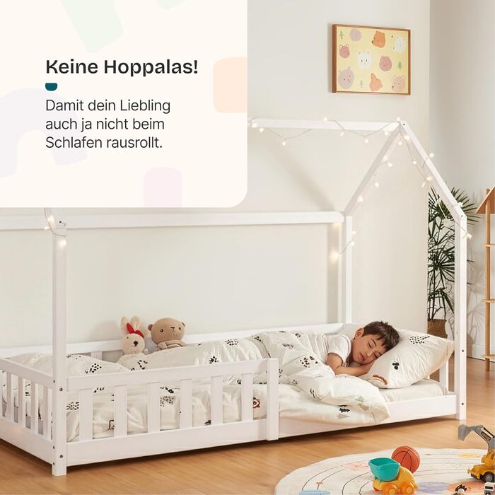 Дитяче ліжко Hesel, домашнє ліжко, біле, 90 x 200 см, із захистом від падіння та рейковою основою, підлогове ліжко Монтессорі, дитяче ліжко, дерев&39яне ліжко