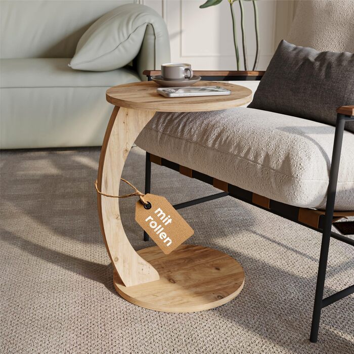Журнальний столик на колесах, невеликий С-подібний приставний столик, приставний столик до дивана, стильний диванний столик з красивим виглядом горіхового дерева, круглий приставний столик, ідеальний для дивана та вітальні, С-подібний горіх