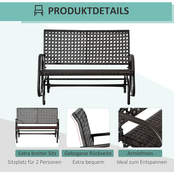 Лавка-гойдалка Outsunny Poly Rattan 70 x 120 x 84 см 2-місна зі спинкою для саду темно-сірий