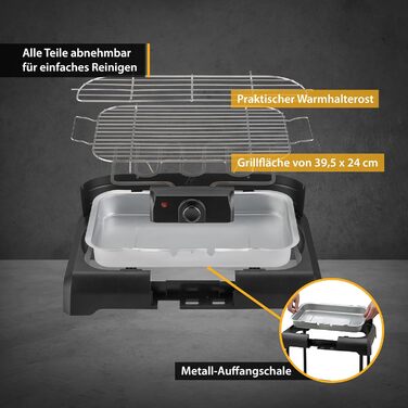 Підлоговий гриль TZS Перша Австрія 2000 Вт Електричний гриль з регулятором температури та відбивачем тепла Садовий гриль на ніжках Поверхня гриля 45 см х 22 см з тамбуром Барбекю Електричний стіл Гриль