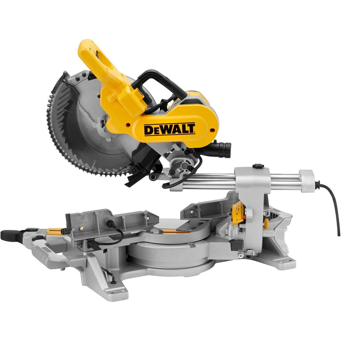 Панельна пила DEWALT DWS727 потужністю 1650 Вт (250 мм, з обмежувачем глибини різання, безступінчастим регулюванням кута нахилу та кута скосу, індикатором лінії різання (XPS), в комплекті пиляльне полотно, мішок для пилу та приладдя)