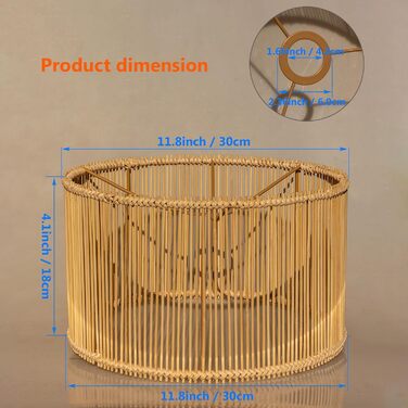 Абажур Ротанг Бамбуковий абажур, середній круглий/барабанний абажур для настільної лампи, настінного світильника, приліжкового світильника та торшера, натуральний плетений ручної роботи світло-коричневий, 1PZTSTY