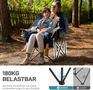 Складаний кемпінговий стілець EVER ADVANCED 2-в-1, великий зі знімною оббивкою товщиною 6 см, вантажопідйомність 180 кг, складний стілець з боковими кишенями, відділенням для холодильника та тримачем для напоїв для кемпінгу, саду, риболовлі, сірого кольор