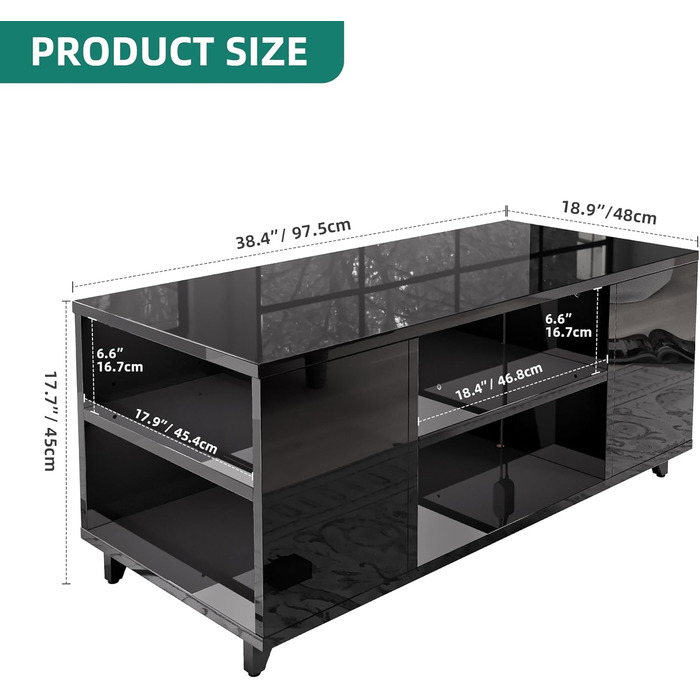 Журнальний столик YITAHOME, чорний глянцевий, сучасний стіл для вітальні з 16-кольоровим світлодіодним підсвічуванням, приставний столик до дивана з регульованою полицею, 97,5 x 48 x 45 см, чорний, без шухляд