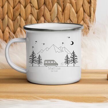 Емальована кружка Маленька Матильда, барвиста персоналізована кемпінгова кружка з іменем для кемпінгу, кавова кружка, аксесуар для каравану, кружка з нержавіючої сталі, подарунок для кемперів (сірий колір)