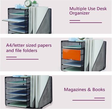 Металевий настільний органайзер, 5-ярусний лоток для паперу та листів з тримачами для файлів, сітчастий настільний органайзер для файлів з тримачем для журналів для зберігання офісних документів, 5 ярусів з 2 тримачами для файлів