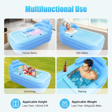 Надувна ванна для дорослих, надувна ванна з портативною функцією складання, повітряний спа-центр з нековзною поверхнею, ванна для внутрішнього та зовнішнього використання для сімейної ванної кімнати або спа-центру, синій колір