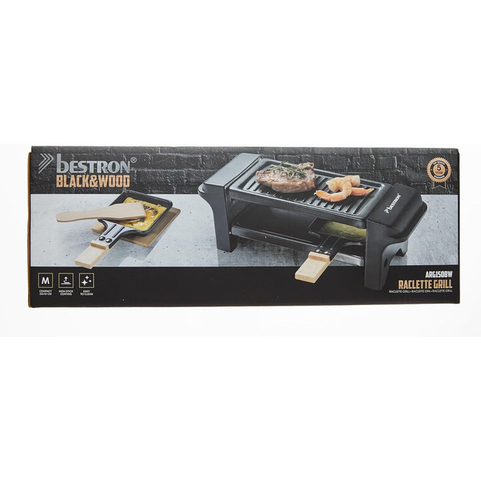 Раклет Bestron на 1 до 2 осіб, міні-настільний гриль з двома сковородами, двома дерев'яними скребками та двома підставками, 350 Вт, колір чорний