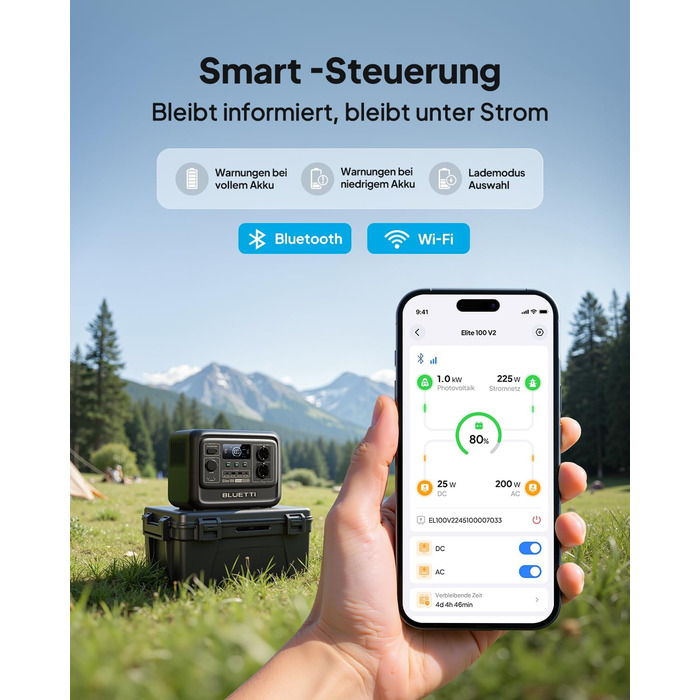 Портативна електростанція BLUETTI Elite 100 V2 (новинка 2025 року), резервне живлення від акумулятора LFP 1024 Втгод з 2 виходами змінного струму по 1800 Вт (піксельна напруга 3600 Вт), на 35 компактніша, сонячний генератор для кемпінгу, відключень електр
