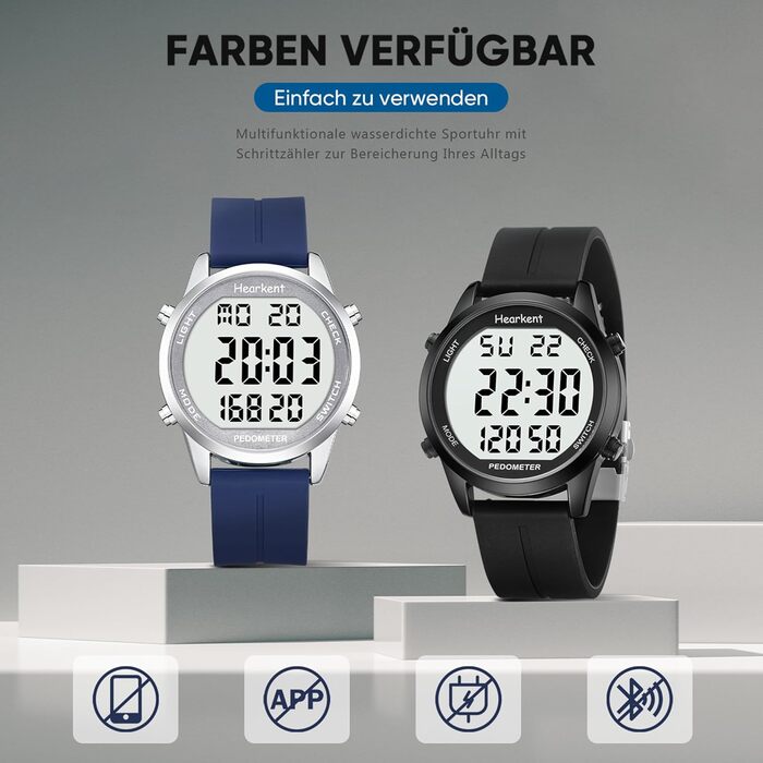 Чоловічий годинник-крокомір (без застосунку чи телефону), цифровий годинник з великими цифрами, водонепроникний 30 м, фітнес-трекер з крокоміром та лічильником калорій, повністю чорний