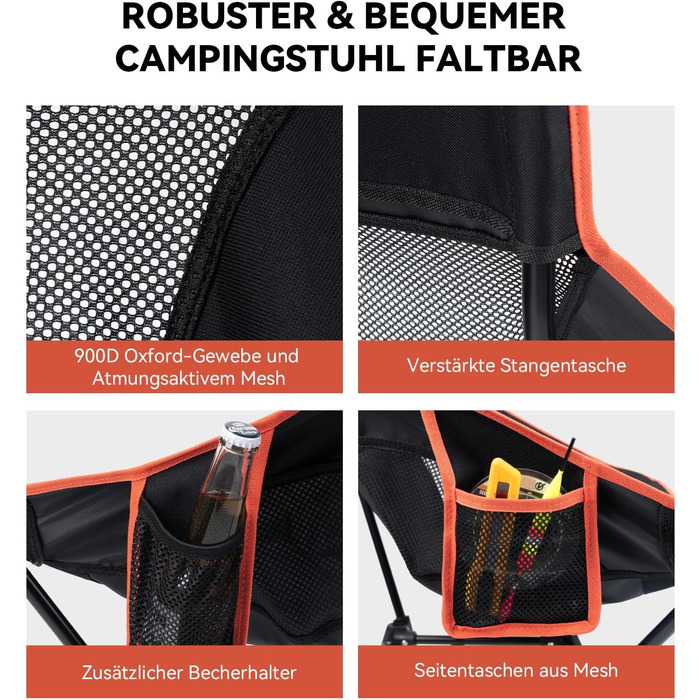 Складане кемпінгове крісло з високою спинкою, вантажопідйомність 150 кг, надлегке портативне складне крісло з підголівником та 2 боковими кишенями, компактне складне рибальське крісло з сумкою для перенесення для кемпінгу, пляжу, активного відпочинку та п