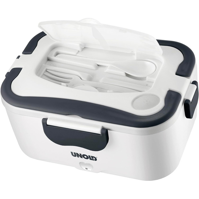 Електричний ланчбокс UNOLD 58850 - білий, 1,5 літра, пластик, для розігріву їжі в дорозі або в офісі, можна мити в посудомийній машині, знімний контейнер з нержавіючої сталі