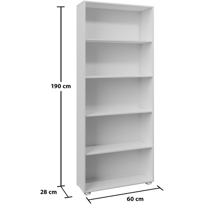 Книжкова шафа Casaria з 5 відділеннями, 190x60x28 см, регульовані по висоті полиці, дерев&39яна, відкрита, сучасна, для кабінету, офісу, вітальні, окремостояча полиця, колір Vela, біла