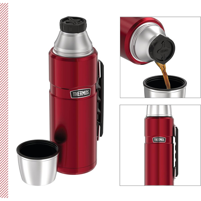 Термос-пляшка Thermos Stainless King, червона, 1,20 л - нержавіюча сталь, абсолютно герметична, з чашкою для пиття та ручкою, зберігає напої гарячими 12 годин та холодними 24 години, можна мити в посудомийній машині, без BPA, журавлина 1200 мл