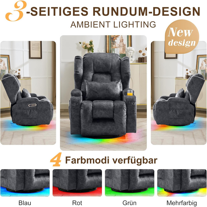 Моторне електричне регульоване крісло-реклайнер з функцією нахилу, поворотне крісло для телевізора з масажем та підігрівом, крісло для кінотеатру з USB/LED/Type C, до 150 кг (оксамитово-сірий, 1) Оксамитово-сірий 1, 2-