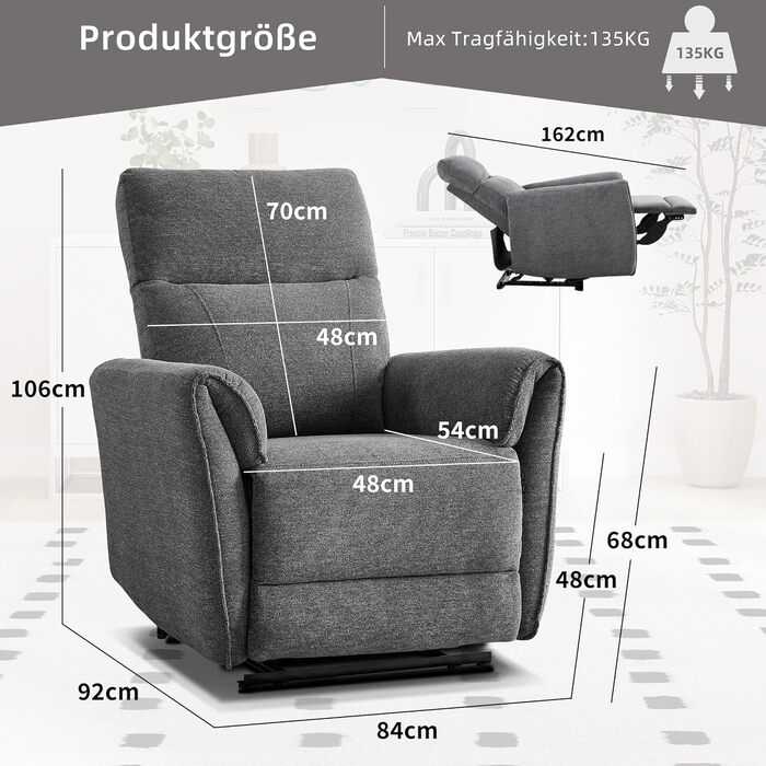 Крісло для телевізора EBELLO з функцією відкидання, регульоване ручне відкидання, одне відкидне крісло, вантажопідйомність до 150 кг, для вітальні/спальні, темно-сірий 1 темно-сірий