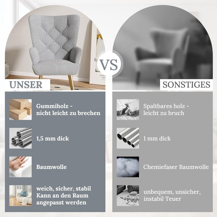 Елегантне м&39яке крісло, стілець для вітальні, стілець-туалет з металевими ніжками для вітальні/спальні, вантажопідйомність до 150 кг, сірий, комплект з