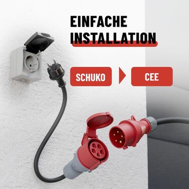Перехідник ABSINA з вилки Schuko на розетку CEE 16A - Schuko на CEE як аксесуар для електромобіля - Schuko на CEE 16A 5-контактний з кабелем довжиною 60 см та захистом IP44 - кабель-адаптер 230 В 16 А