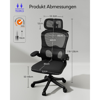 Ергономічне офісне крісло TUKAILAi, крісло керівника з поперековою опорою та підголівником, регульоване, підлокітники, що складаються на 90, висока спинка, сітчасте поворотне крісло для роботи вдома (чорне)