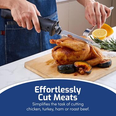 Професійний електричний ніж Elite Gourmet EK9810 акумуляторний, з 4 зубчастими лезами та запобіжником, нарізання (чорний колір)