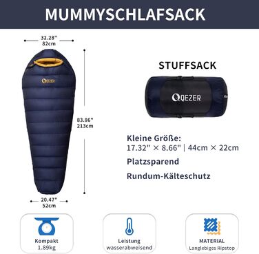 Пуховий спальний мішок, зимовий спальний мішок з антистатичною графеновою підкладкою, наповнювач 620, 1450 грамів, від -24C до 0C, підходить для кемпінгу, походів та трекінгу. Темно-синій -8C