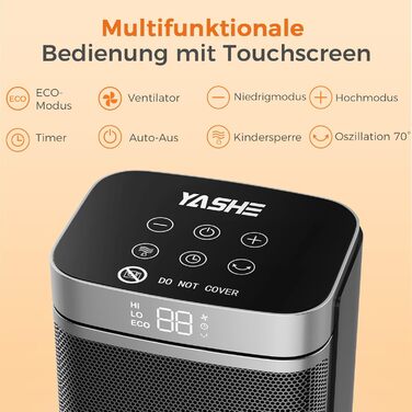 Енергозберігаючий електричний вентилятор-обігрівач YASHE 1500 Вт з пультом дистанційного керування, термостатом, керамічним нагрівальним елементом PTC, коливаннями 70, 24-годинним таймером, захистом від перегріву, захистом від перекидання, блокуванням від