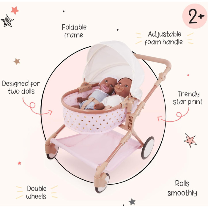 Коляска для ляльок-близнюків для ляльок 36 см - Коляска для ляльок зі складним дахом - рожева із золотими зірками - Аксесуари для