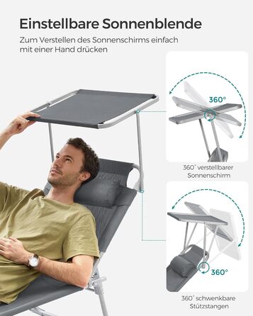 Шезлонг SONGMICS, розкладний крісло-реклайнер, 193 x 53 x 29 см, витримує до 150 кг, сонцезахисний козирок, підголівник, регульована спинка, для саду, басейну, патіо, темно-сірий GCB19UV1 темно-сіра подушка не входить до комплекту