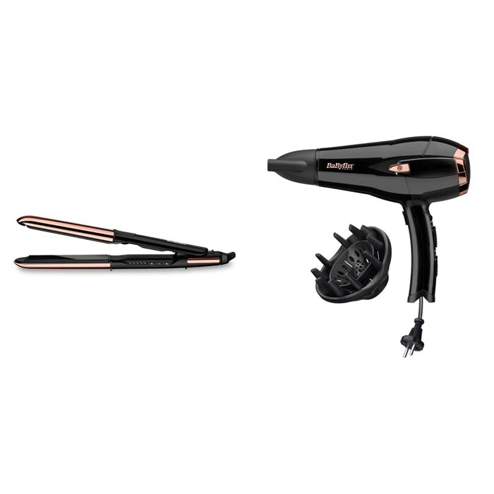 Набір BaByliss стайлер 2-в-1 Straight & Curl Brilliance ST482E та іонічний фен Cordkeeper 2000 D373E (2000 Вт) з функцією автоматичного згортання кабелю в руків'ї, чорний