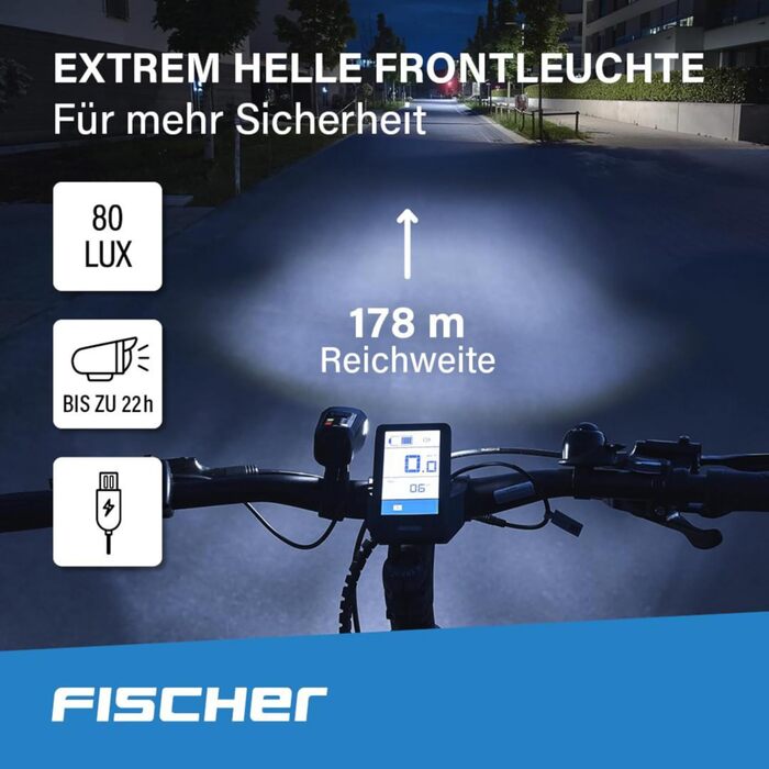 Комплект освітлення для велосипеда Fischer 80/40/20 люкс, комплект ліхтарів на батарейках, стоп-сигнал, передній та задній ліхтарі, з батарейками та функцією заряджання через USB, 3 функції освітлення, захист від бризок згідно з IP44, схвалено StVZO