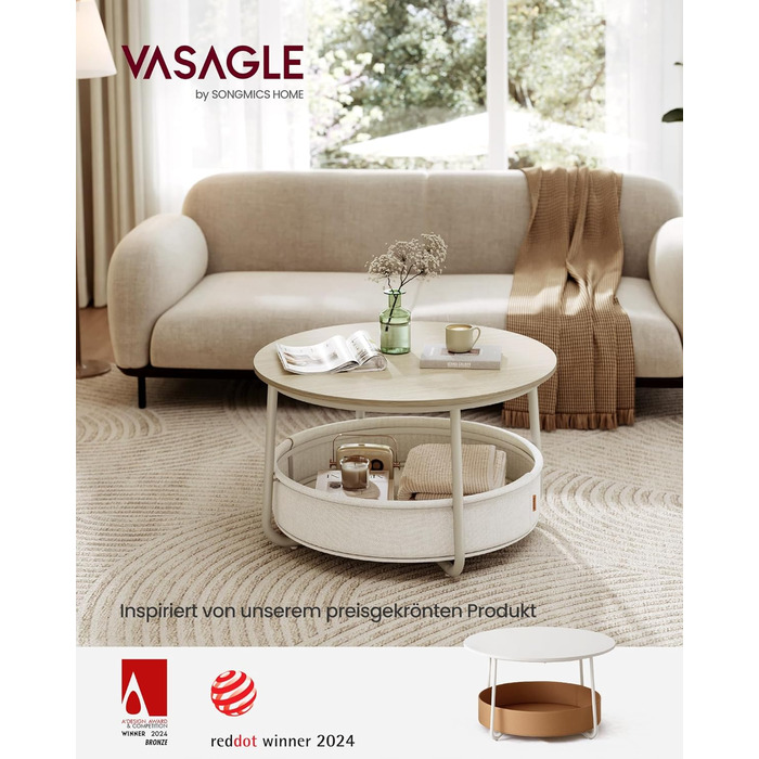 Круглий журнальний столик VASAGLE, столик із місцем для зберігання, приставний столик, столик для вітальні з тканинним кошиком, сучасний, металевий каркас, натуральний бежево-кремово-білий LCT244K01 Натуральний бежевий кремово-білий круглий