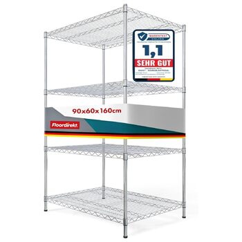 Кухонна полиця Floordirekt, дротяна полиця, металева полиця Вантажопідйомність приблизно 70 кг на полицю Багатофункціональна полиця для зберігання, полиця для ванної кімнати, складська полиця, полиця для підвалу Хромована (90x60x160 см 4 полиці) Everest 9