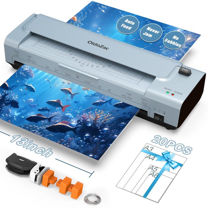 Дюймовий ламінатор A3/A4 з 20 пакетами для ламінування, гарячий та холодний ламінатор, ABS-пластик із захистом від застрягання, 10-в-1 ламінатор з різаком, тримером та закруглювачем кутів для офісу, школи та дому (синій), 13-