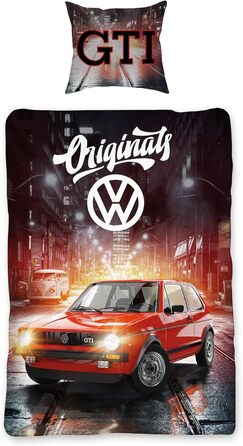 Комплект постільної білизни VW Volkswagen Golf GTI, червоний/сірий, 135 см x 200 см 80 см x 80 см, класичний автомобільний дизайн, 100 бавовна перкалевої якості, гоночний автомобіль Wrthsee, 2 дизайни, двосторонній комплект постільної білизни на блискавці