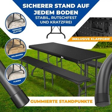 Комплект пивних меблів KESSER з 3 предметів стіл та 2 лавки Буфетний стіл для використання в приміщенні та на вулиці, складний комплект садових меблів, 183x76x74 см, пластиковий складний стіл, вигляд ротанга, садовий стіл, включає чохол та ручки для перен