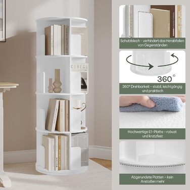 Поворотна книжкова полиця на 360 градусів, 4 яруси, 16 відділень, стояча полиця, поворотна полиця, офісна полиця, декоративна полиця, полиця для зберігання, для вітальні, спальні, офісу, дитячої кімнати, біла, 44xH127,4 см 0044SHG 44 x 127,4 см ( x h) біл