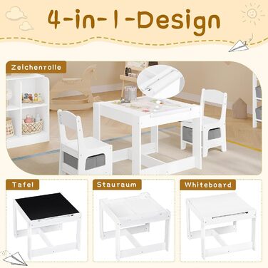 Дитячий стіл Lestaraiin з 3 предметів та 2 стільцями, дитяча група сидінь, комплект дитячих меблів з місцем для зберігання, художній стіл для дошкільнят, стільниця з дошкою для малювання та рулоном паперу, для дитячої кімнати/ігрової кімнати, білий