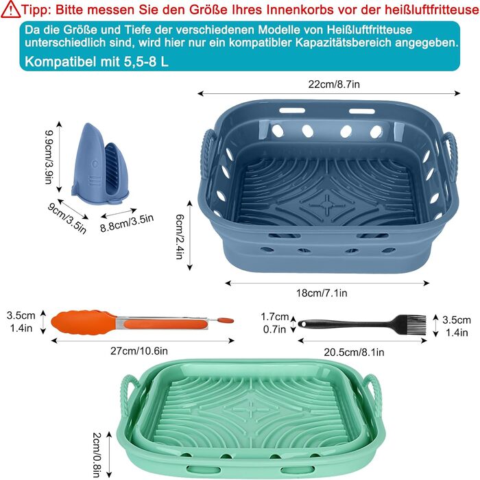 Силіконова форма Аерофритюрниця Квадратна силіконова фритюрниця Аксесуари 22 см Складна аерофритюрниця Форма для випічки Дизайн циркуляції повітря, Харчовий клас, Легкий догляд (Набір 1, СинійЗелений) Квадрат 22 см СинійЗелений