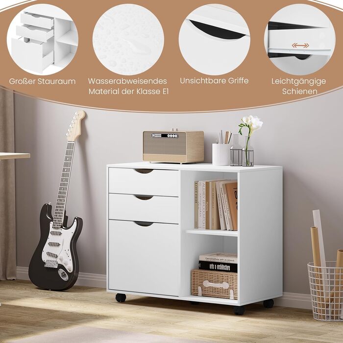 Шафа для файлів на колесах WOLTU з 3 шухлядами, мобільна шафа для документів з 5 колесами, офісна шафа з регульованою підвісною системою файлів та полицею, для домашнього офісу, 80x69,5x39,5 см, білий, ASK13ws