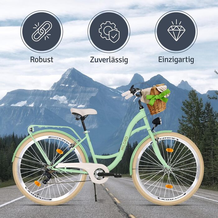 Велосипед Milord Comfort з плетеним кошиком, голландський велосипед, жіночий велосипед, міський велосипед, вінтажний, 26 дюймів, м&39ятно-кремовий, 7 швидкостей, зелений