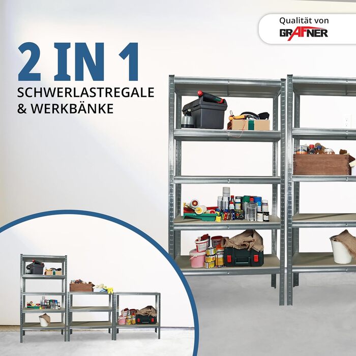 Подвійний надміцний стелаж Grafner XXL з 10 полицями з МДФ, максимальне навантаження 1750 кг, сертифікований TV/GS, закруглені кути, 180x180x40 см, безболтовий стелаж Twin Pack, стелаж для зберігання, стелаж для підвалу