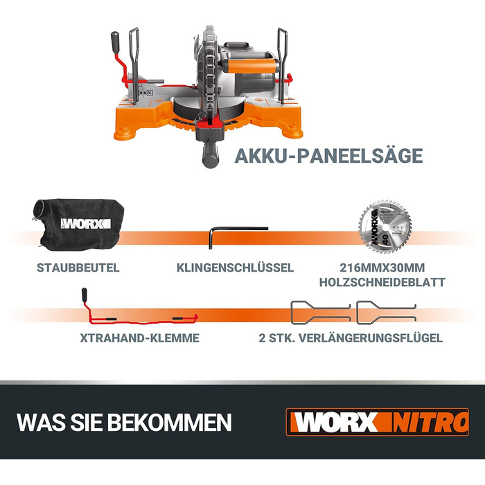 Акумуляторна панельна пила WORX WX845.9 NITRO 20В - багатофункціональна пила для протягування, поперечного та косого пиляння - розпилювання під кутом 0-45 - 220 мм у деревині - безпечна та зручна завдяки затискачу XtraHand - без акумулятора та зарядного п