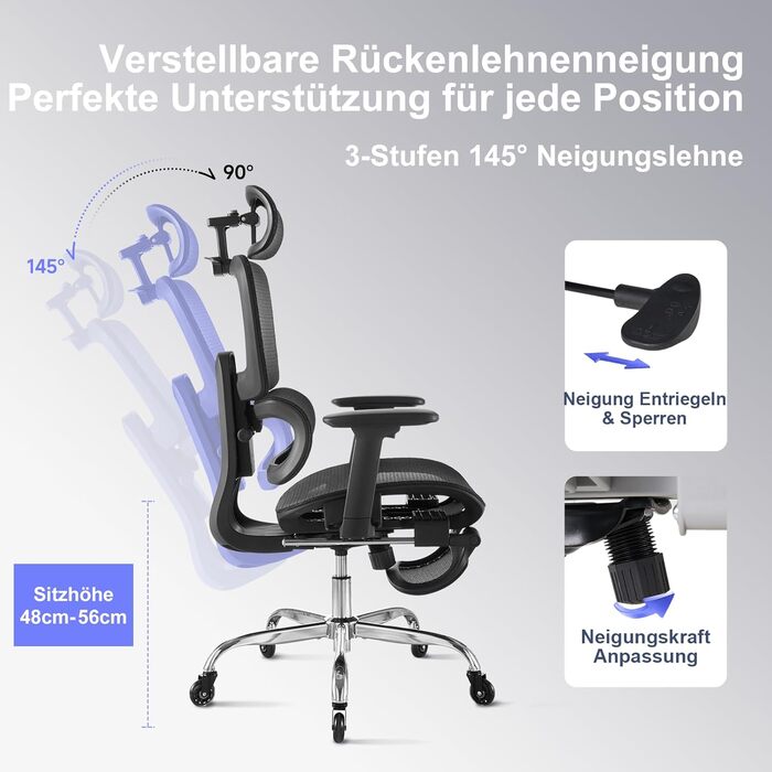 Ергономічне офісне крісло з підставкою для ніг та подушкою для шиї, 5-позиційне регулювання висоти спинки, 2D-підтримка попереку, 3D-підлокітники/підголівник, функція нахилу 145, сітчасте сидіння, гумові колеса, чорний колір.
