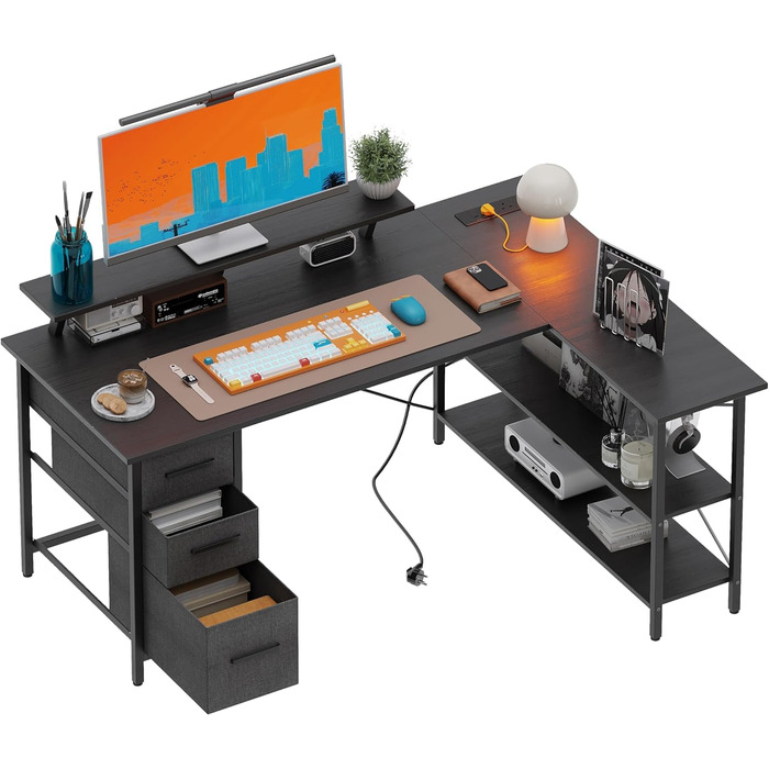 Г-подібний письмовий стіл з 3 тканинними шухлядами, 140 x 80 см. Двосторонній кутовий письмовий стіл з підставкою для монітора, розеткою та USB-портом для зарядки для домашнього офісу, чорний.