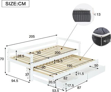 Диван-ліжко Merax 90x200 см, кушетка з 2 шухлядами, дитяче ліжко, функціональне ліжко з рейковою основою, висувне односпальне та двоспальне ліжко, каркас з масиву дерева, для дівчаток та хлопчиків, біле висувне ліжко 90 x 200 см