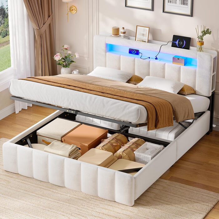 М&39яке ліжко 140x200 з місцем для зберігання, гідравлічне ліжко зі світлодіодним освітленням та зарядною станцією, дитяче ліжко, двоспальне ліжко, каркас ліжка з оксамитовим узголів&39ям - матрац не входить до комплекту (бежевий оксамит, 140x200 см) Беже