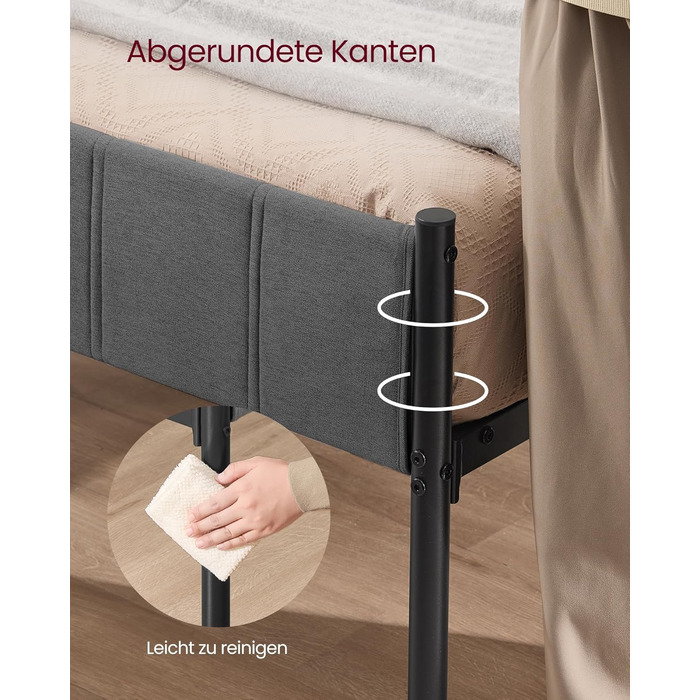 Каркас двоспального ліжка VASAGLE, каркас ліжка, 140 x 200 см, з м&39яким узголів&39ям, каркас ліжка, сталеві ламелі, витримує навантаження до 500 кг, легке складання, колір &quotсланцево-сірий&quot RMB974GN01 140 x 200 см, колір &quotсланцево-сірий&quot