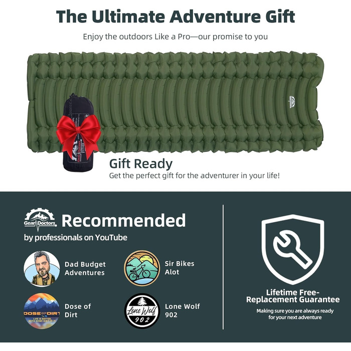 Каре-килимки Gear Doctors, самонадувальні, надлегкі, Apollo air 4.3-5.2 R, ізольовані, 1.5-3.3 дюйма, обов&39язкові, надувні, пінопластові, повітряні, для сну, самонадувальні, повітряні, для кемпінгу, Ether