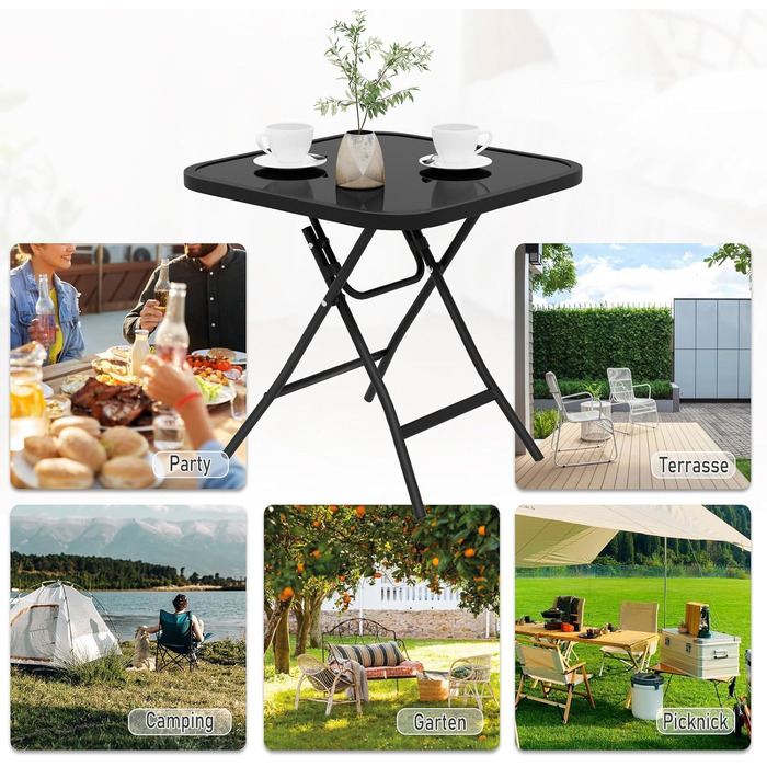Складаний стіл eSituro, складний бічний столик, балконний стіл, кемпінговий стіл, садовий стіл, бістро-стіл, з металевим каркасом, прямокутна стільниця із загартованого скла, 46x46x48 см, чорний